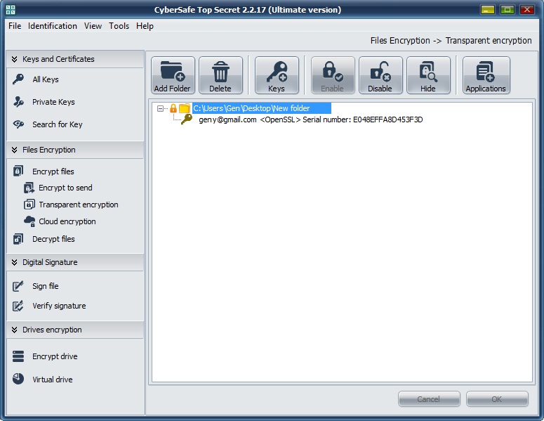 Cybersafe encryption software screenshot